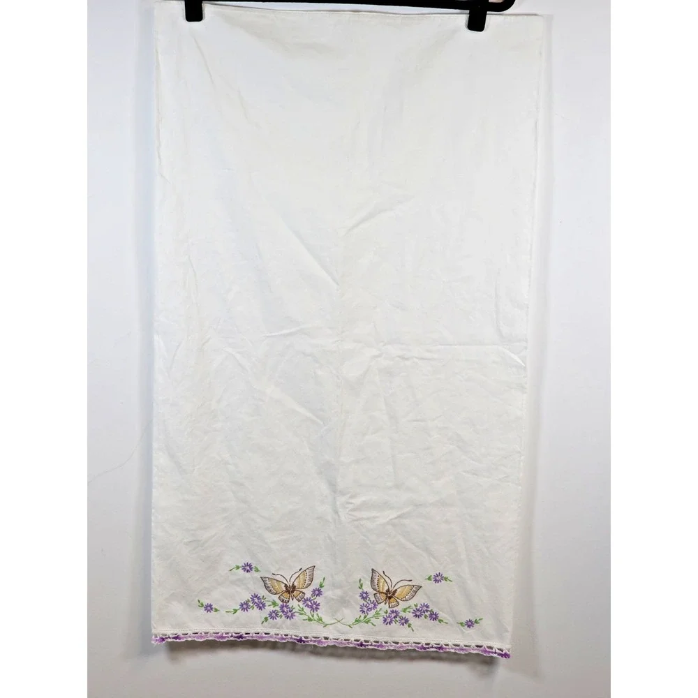Vintage Handmade Set of 2 Cross Stitch Pillow Cases White Floral Butterfly